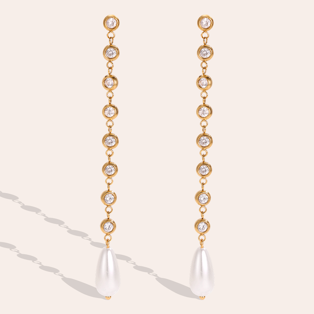Stainless steel earrings, 8.9 × 8 mm, long pendant with a round rhinestone and a teardrop-shaped pearl