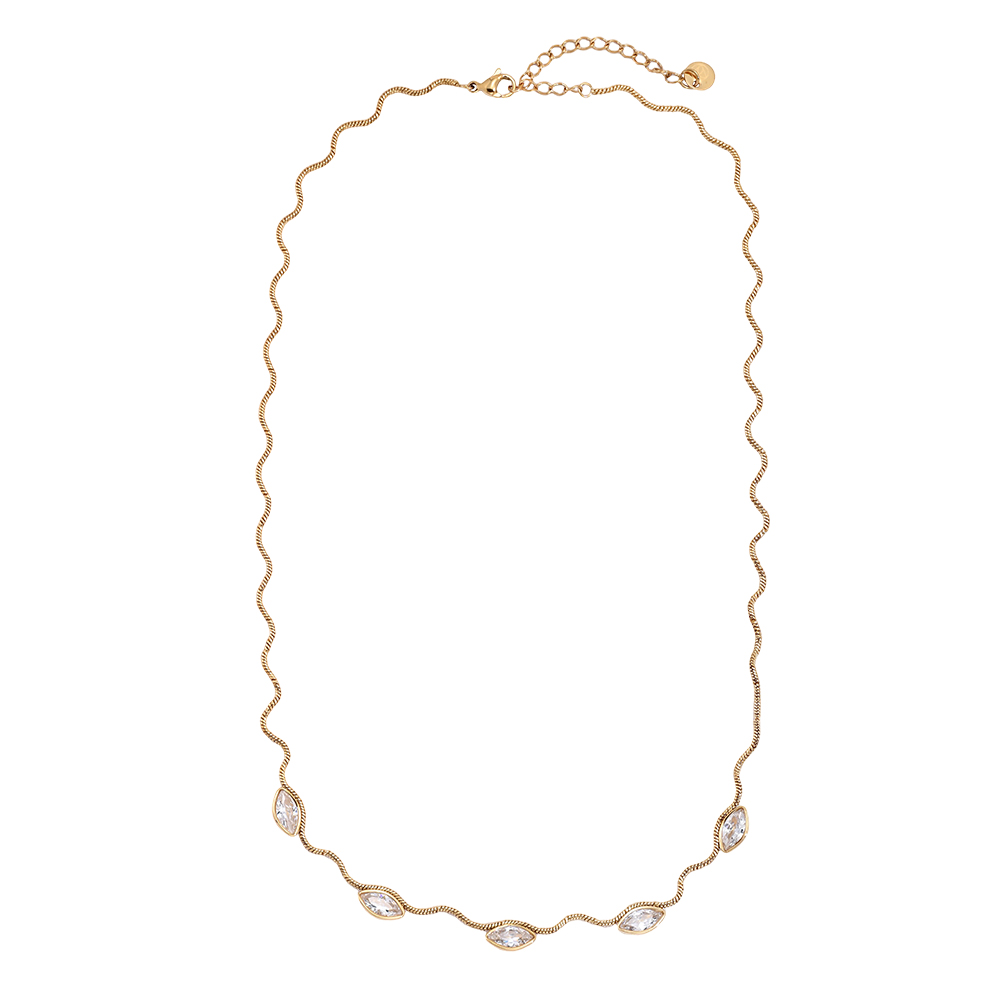 Stainless steel necklace, 42 cm, wave chain with eyelet and cubic zirconia