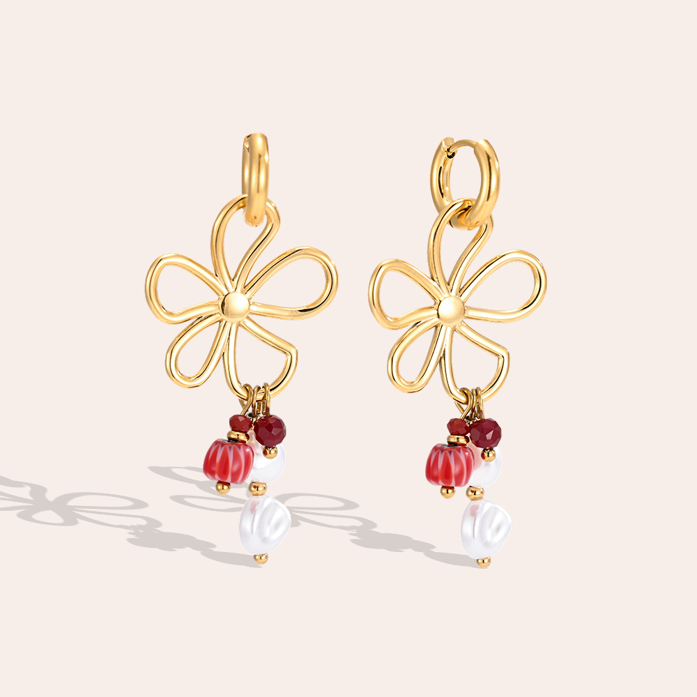 Stainless steel earrings, 55 × 25 mm, gold flower with pearls