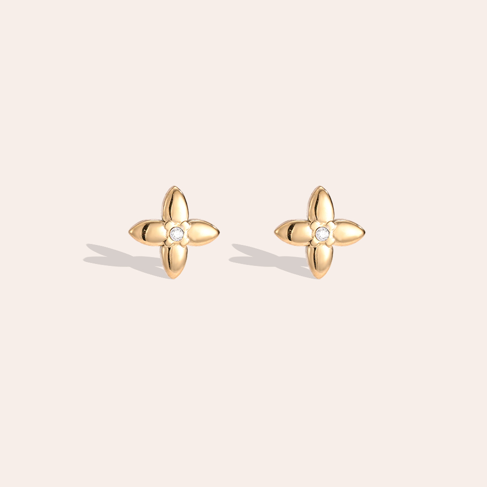 Stainless steel earrings, 5.6 mm, cubic zirconia, four-leaf clover