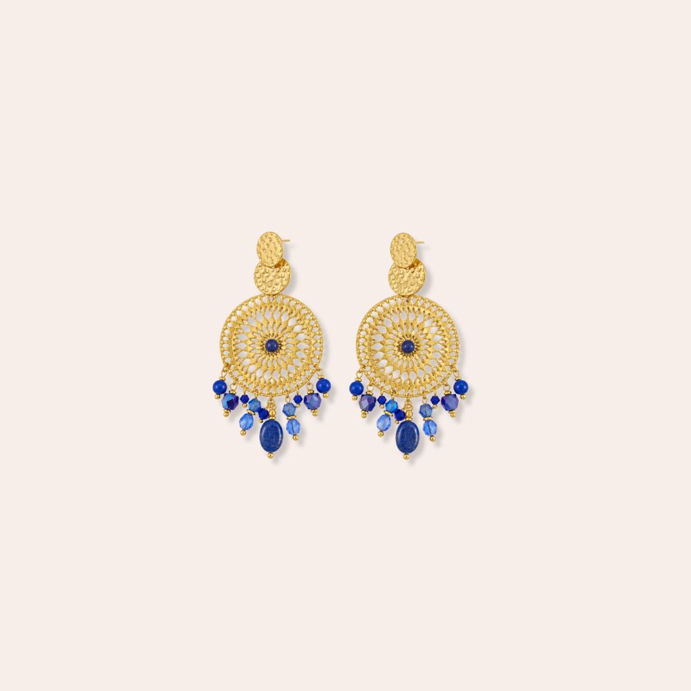 Stainless steel earrings, 32 x 76 mm, Oriental Blue Mandala