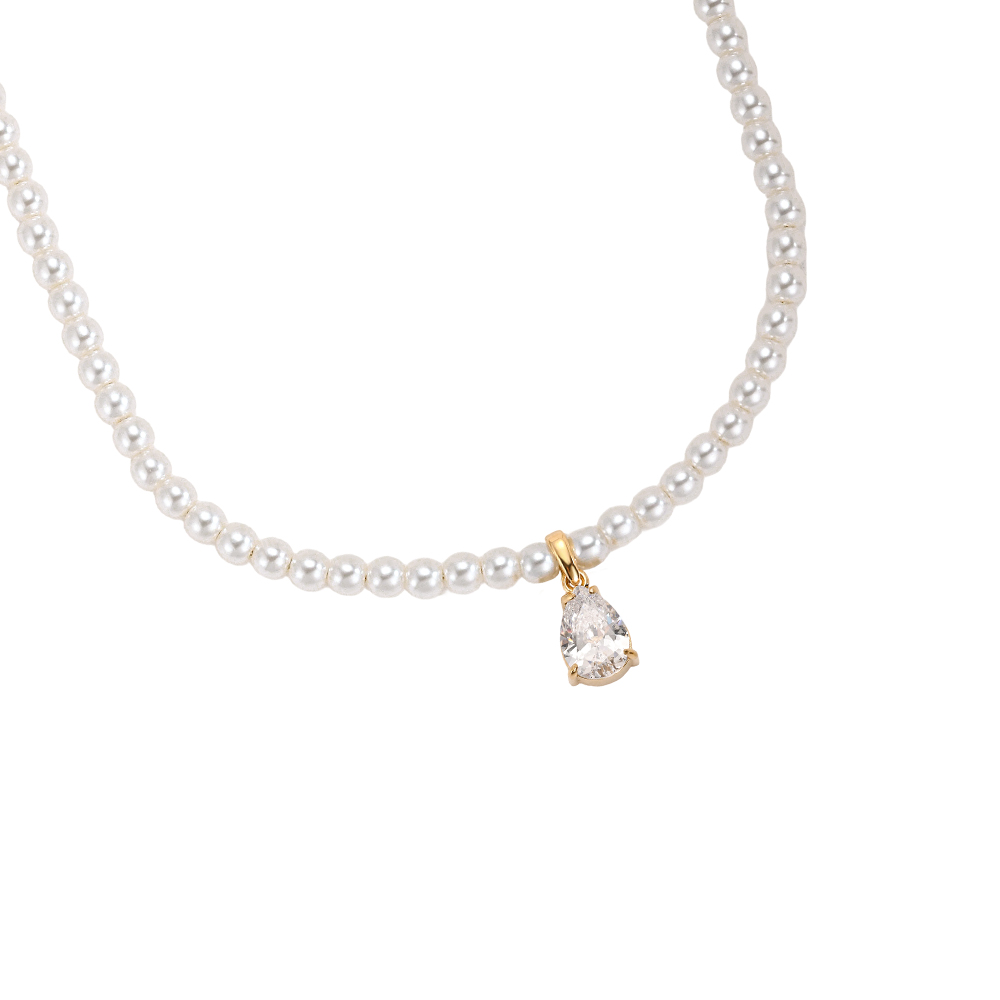 Stainless steel necklace, 39 cm, with teardrop-shaped cubic zirconia and a pearl chain