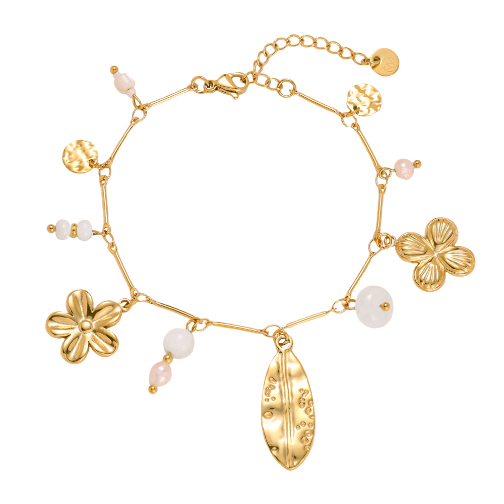 Stainless steel bracelet, 17 cm, with pearls, flowers and leaves
