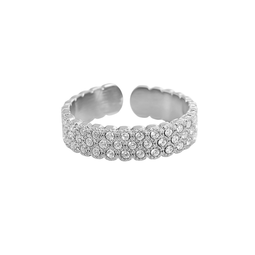 Stainless steel ring, adjustable, set with many small, sparkling cubic zirconia stones