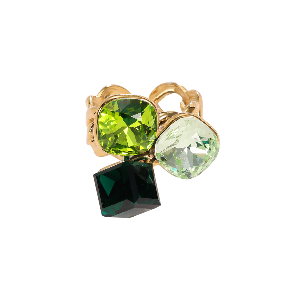 Stainless steel ring, adjustable, with three large glass stones in different colours