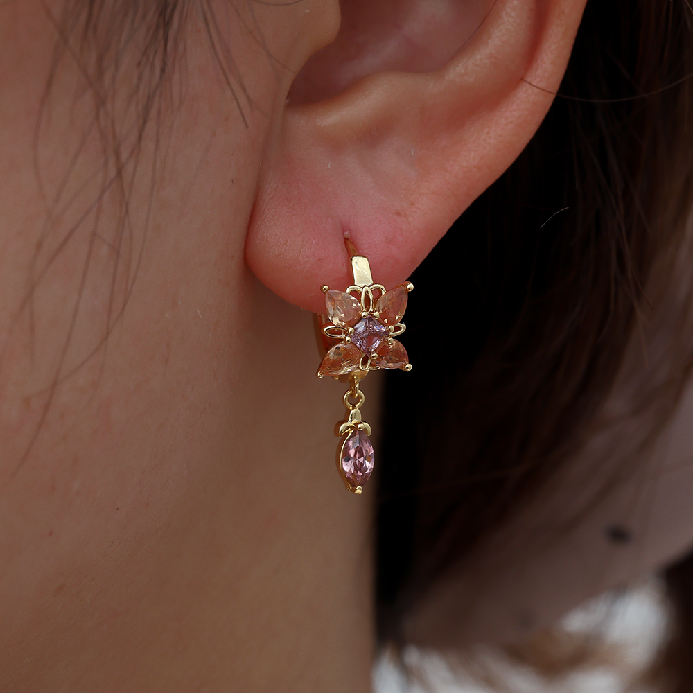 Sparkling Diamond Flower With Drop Eye Gold-plated Earrings    