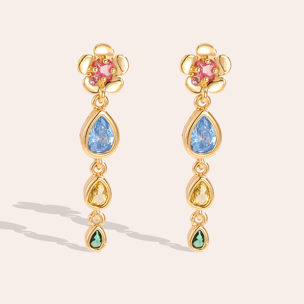 Gold-plated earrings 30mm zirconia flowers and coloured drops