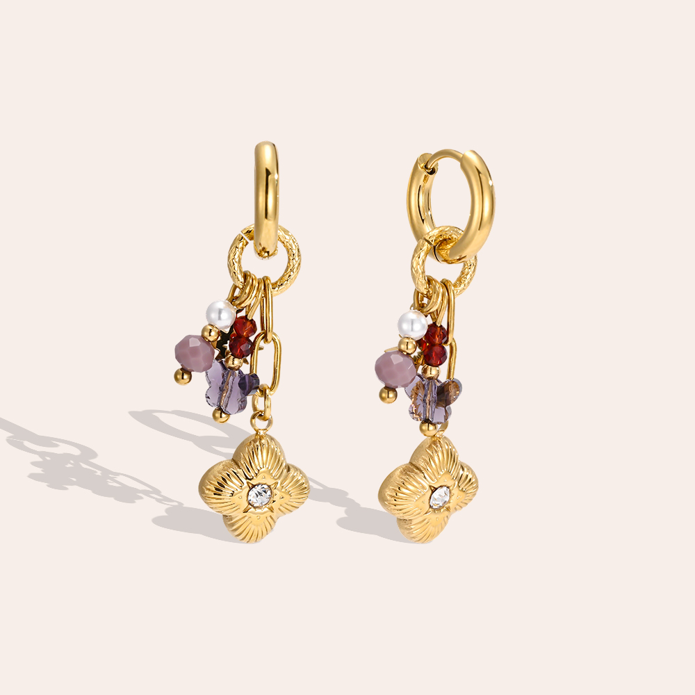 Stainless steel earrings, 42 × 14 mm, gold flower with purple detailing  