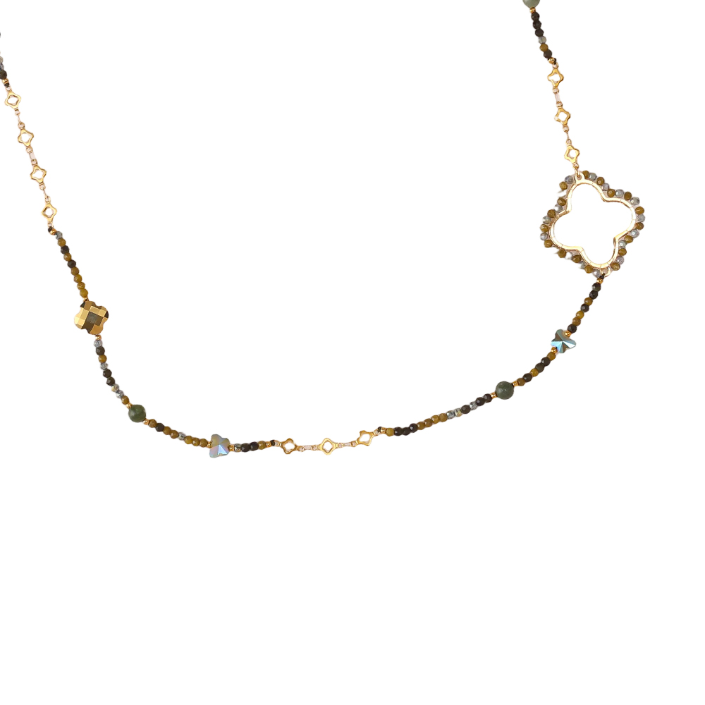 Stainless steel necklace 96cm cloverleaf and crystals