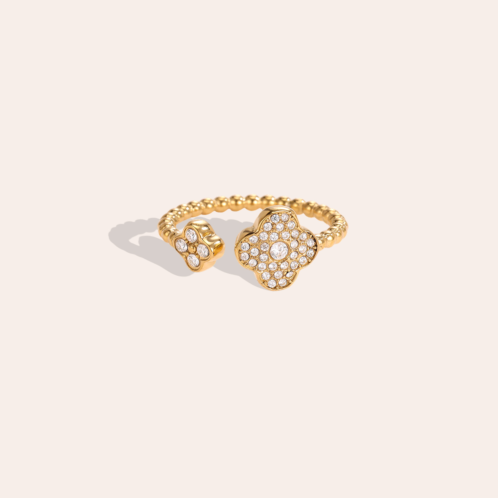 Stainless steel ring – adjustable, sparkling shamrock-shaped cubic zirconia 