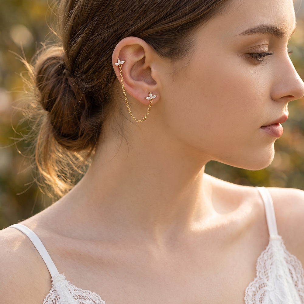 Stainless steel earrings, 60mm leaf-shaped cubic zirconia with chain  