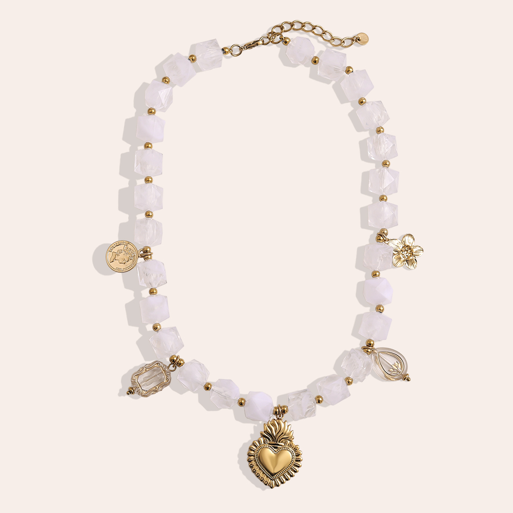 Stainless steel necklace 45cm chain with small acrylic cubes and golden flower, heart