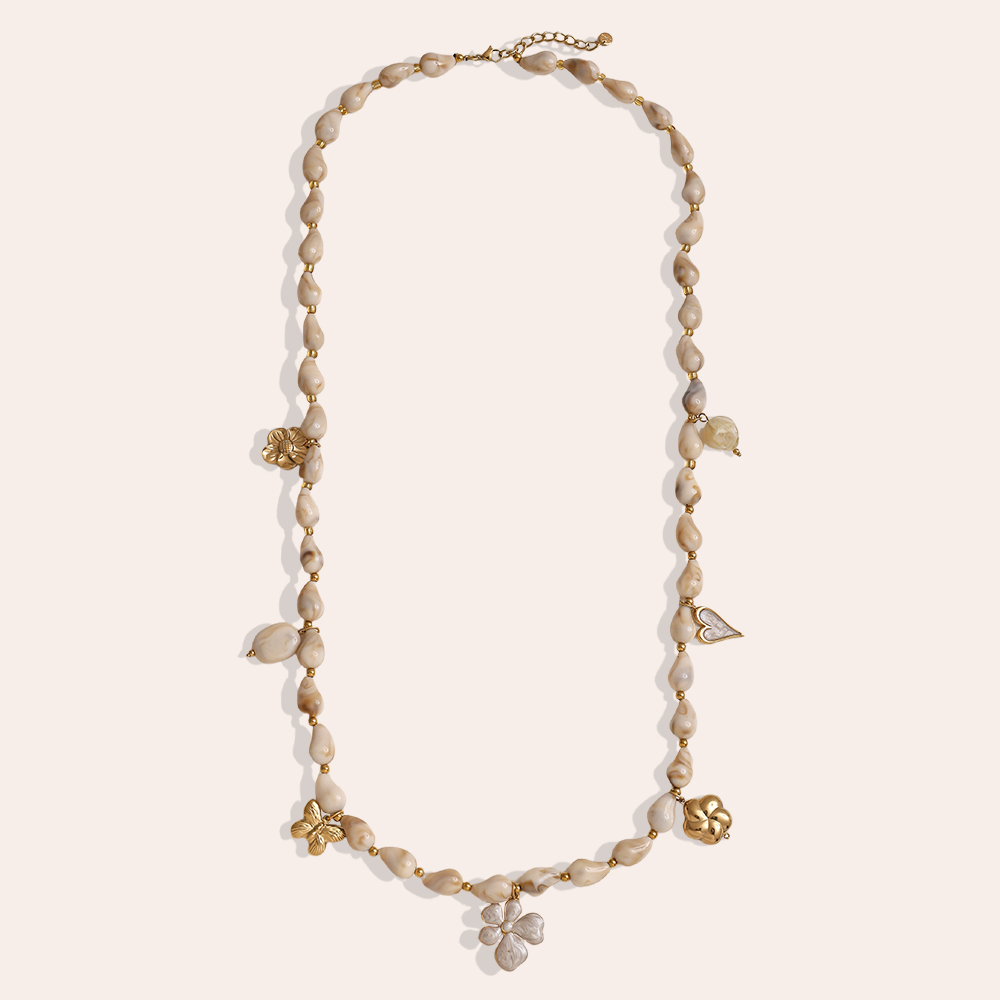 Stainless steel necklace 89cm necklace with resin drops and golden butterfly, flower, heart
