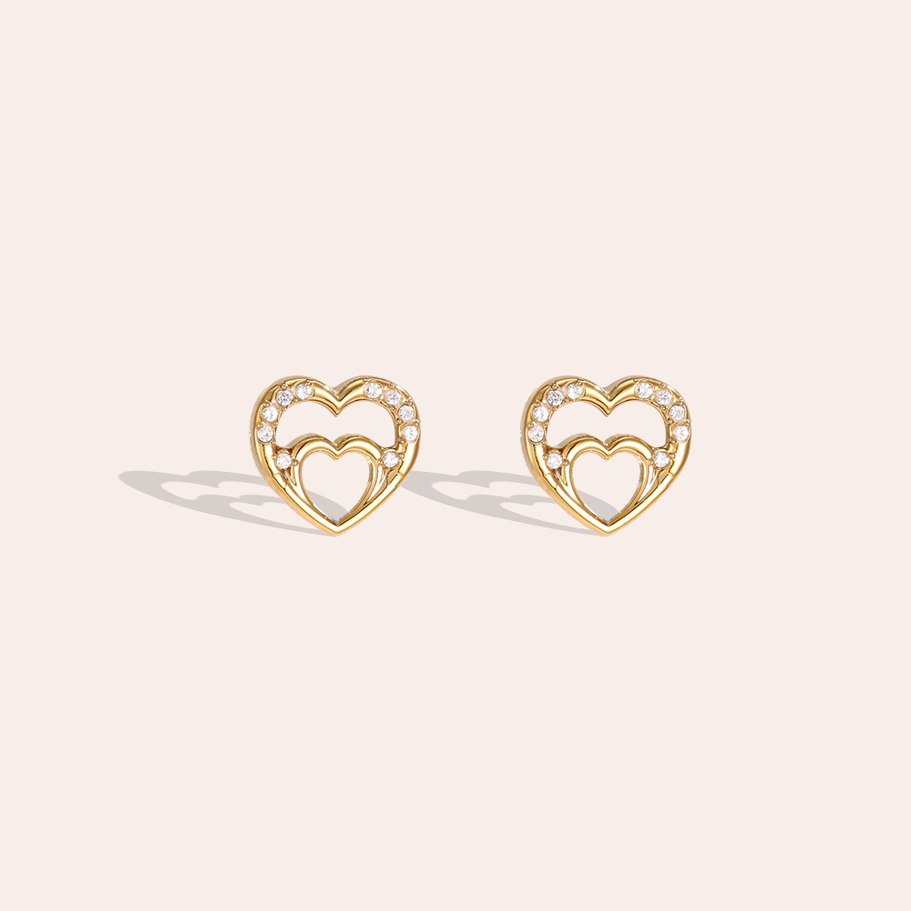 Stainless steel earrings, 10 mm, open heart, cubic zirconia