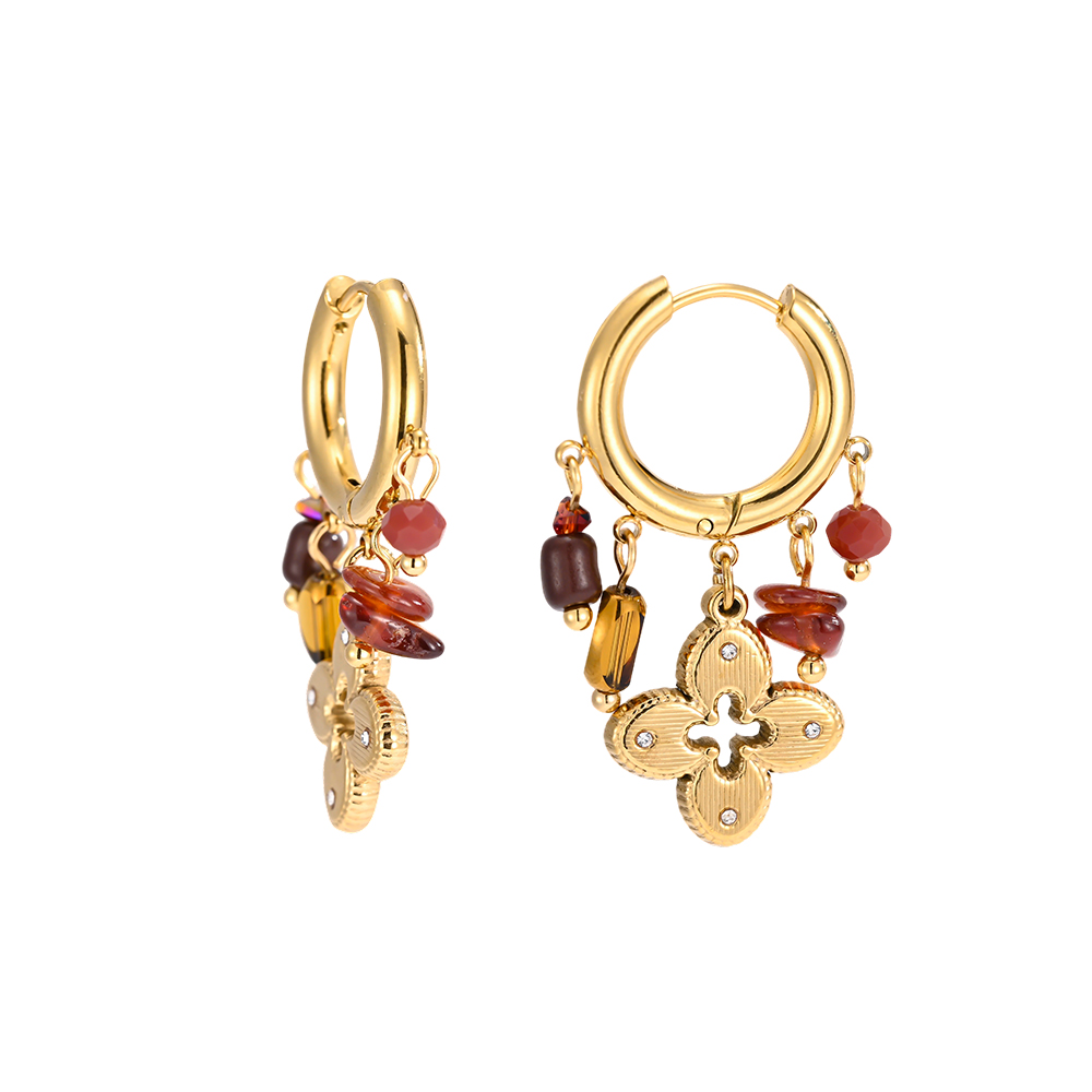 Stainless steel earrings, 37 × 18 mm, gold flower with brown detailing 