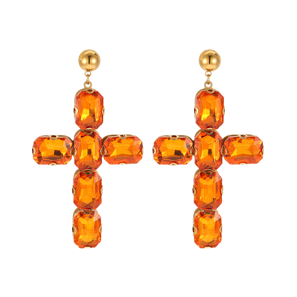 Stainless steel earrings, 70 mm, glass crystal cross 
