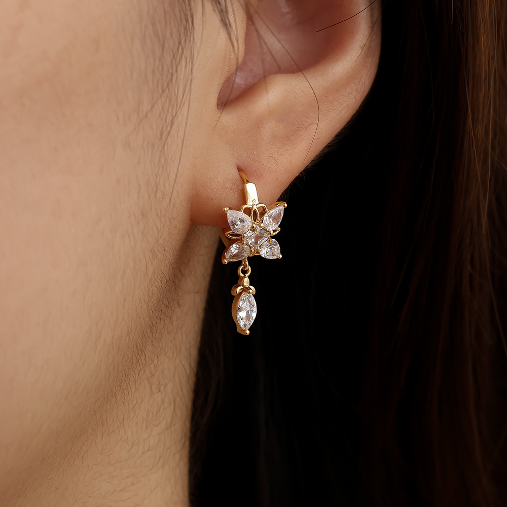 Sparkling Diamond Flower With Drop Eye Gold-plated Earrings    