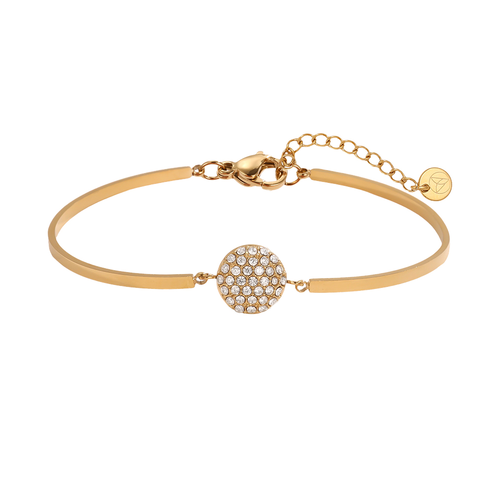 Stainless steel bracelet, adjustable, double-ring design, round, with rhinestones