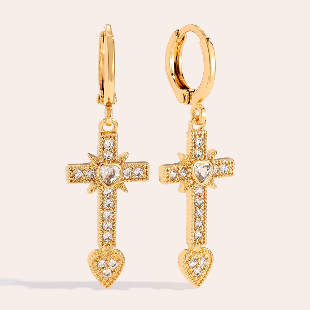 Gold-plated earrings 3.9cm Diamond Cross And Heart