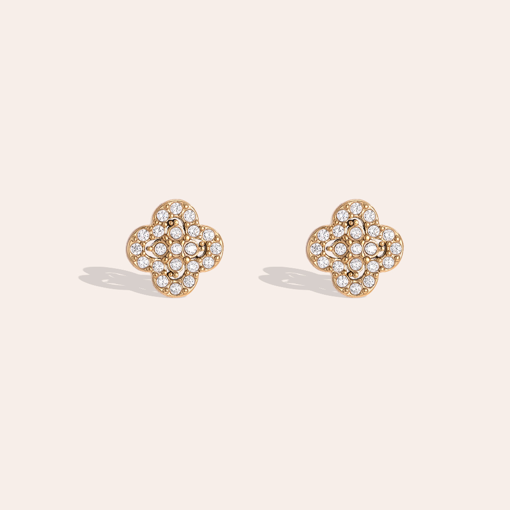 Stainless steel earrings, 8mm cubic zirconia, four-leaf clover design 
