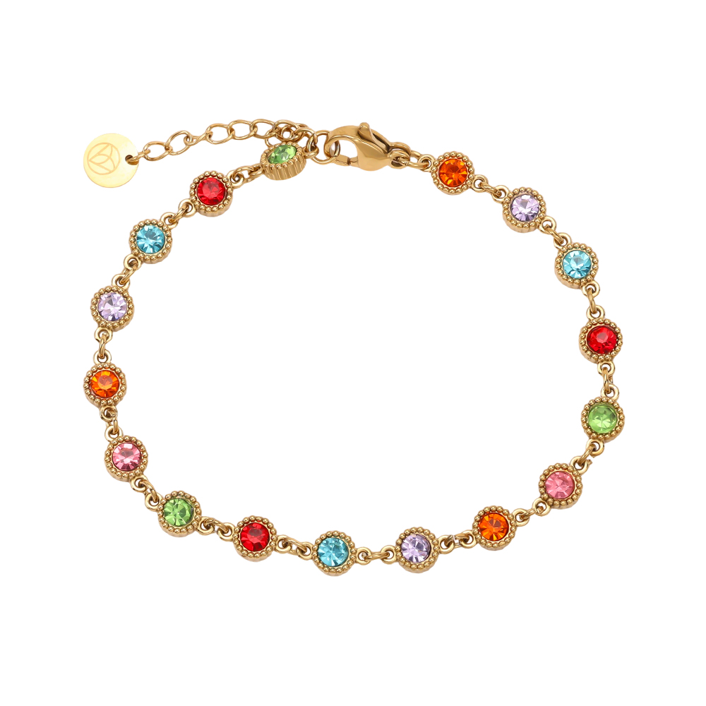 Stainless steel bracelet, 17 cm, with lots of colourful, sparkling cubic zirconia    