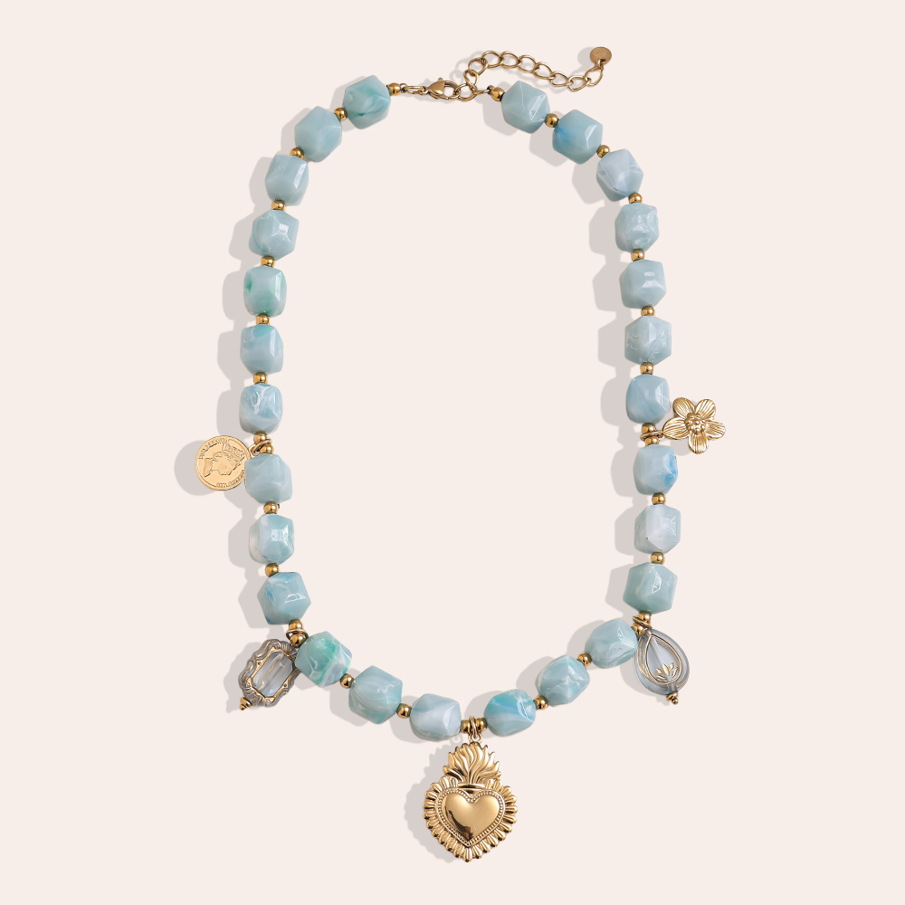 Stainless steel necklace 45cm chain with small acrylic cubes and golden flower, heart
