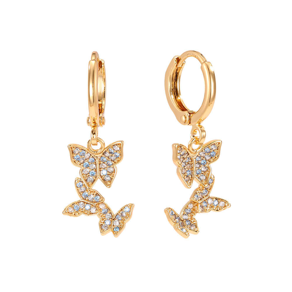 Gold-plated earrings 29mm three zirconia butterflies