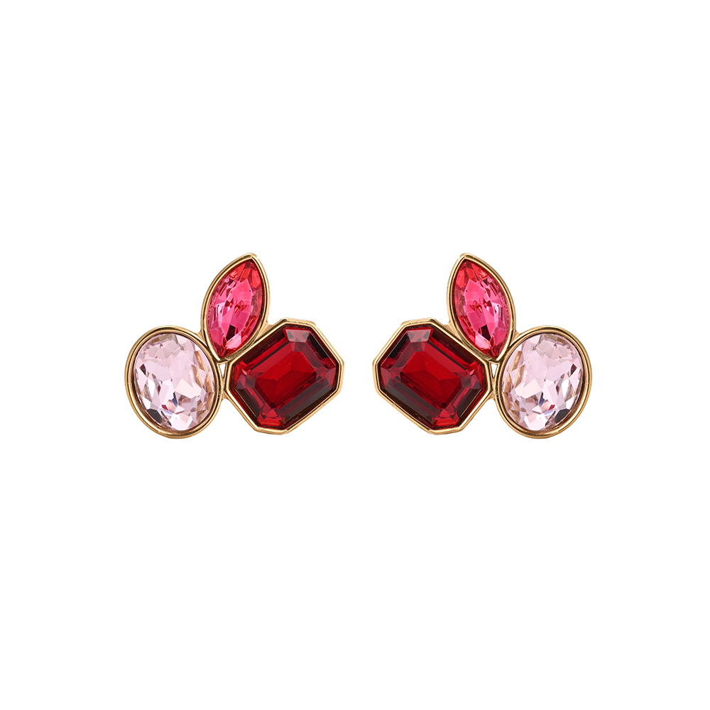 Stainless steel earrings, 21×22 mm, with three glass stones in different colours 