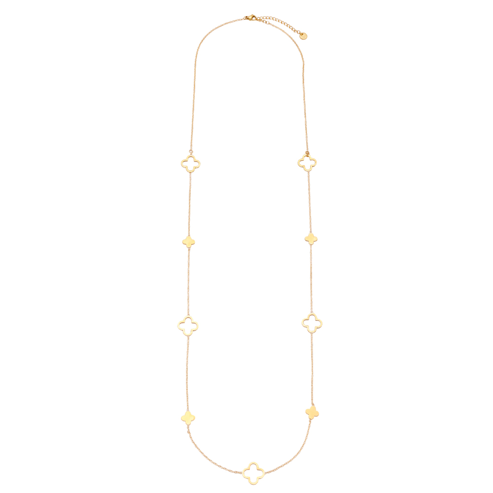 Stainless steel necklace, 80 cm, featuring a few distinctive, simple shamrocks  