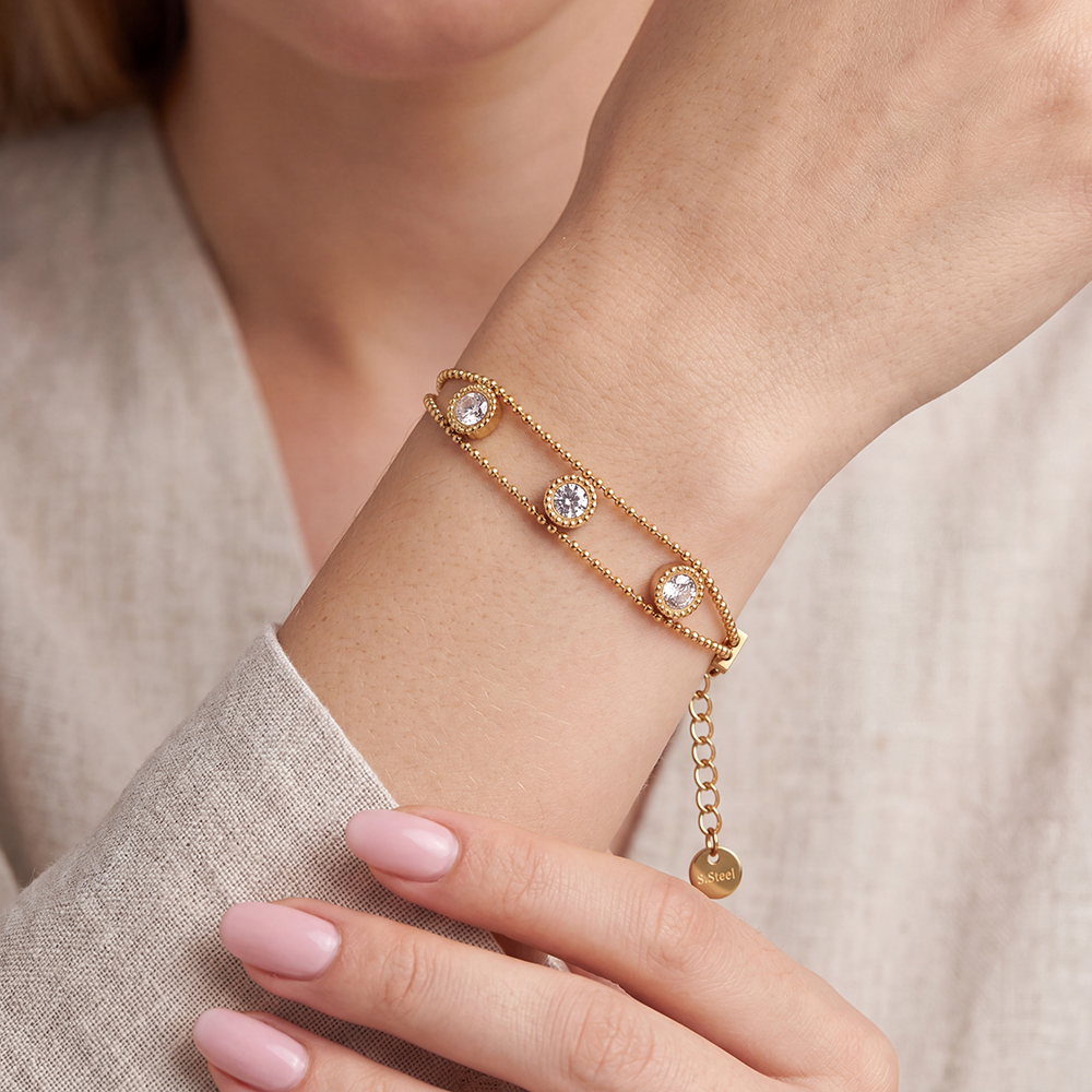 Stainless steel bracelet, 17.5 cm, plain, with cubic zirconia