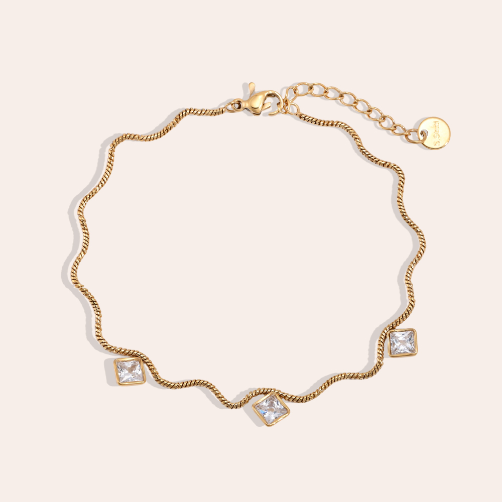 Stainless steel bracelet, 17 cm, wave chain with cube-cut zirconia
