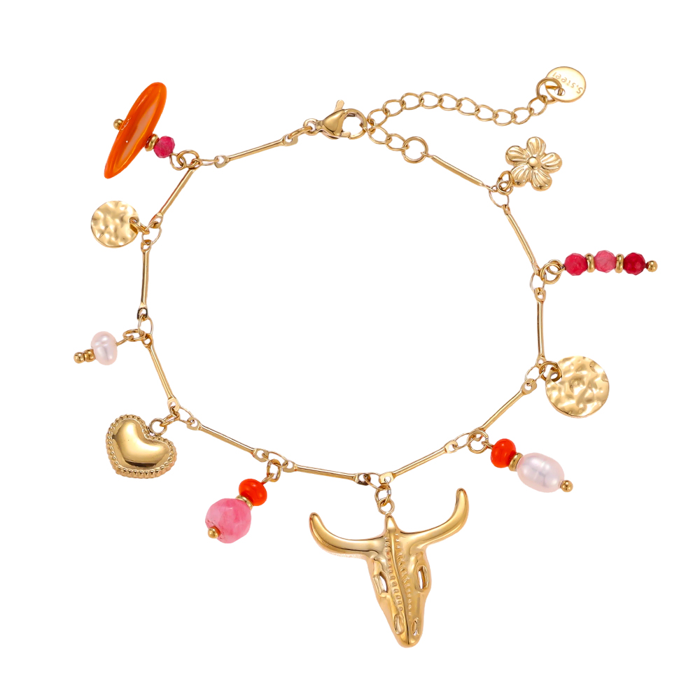 Stainless steel bracelet, 17 cm, heart-shaped beads, bull’s skull