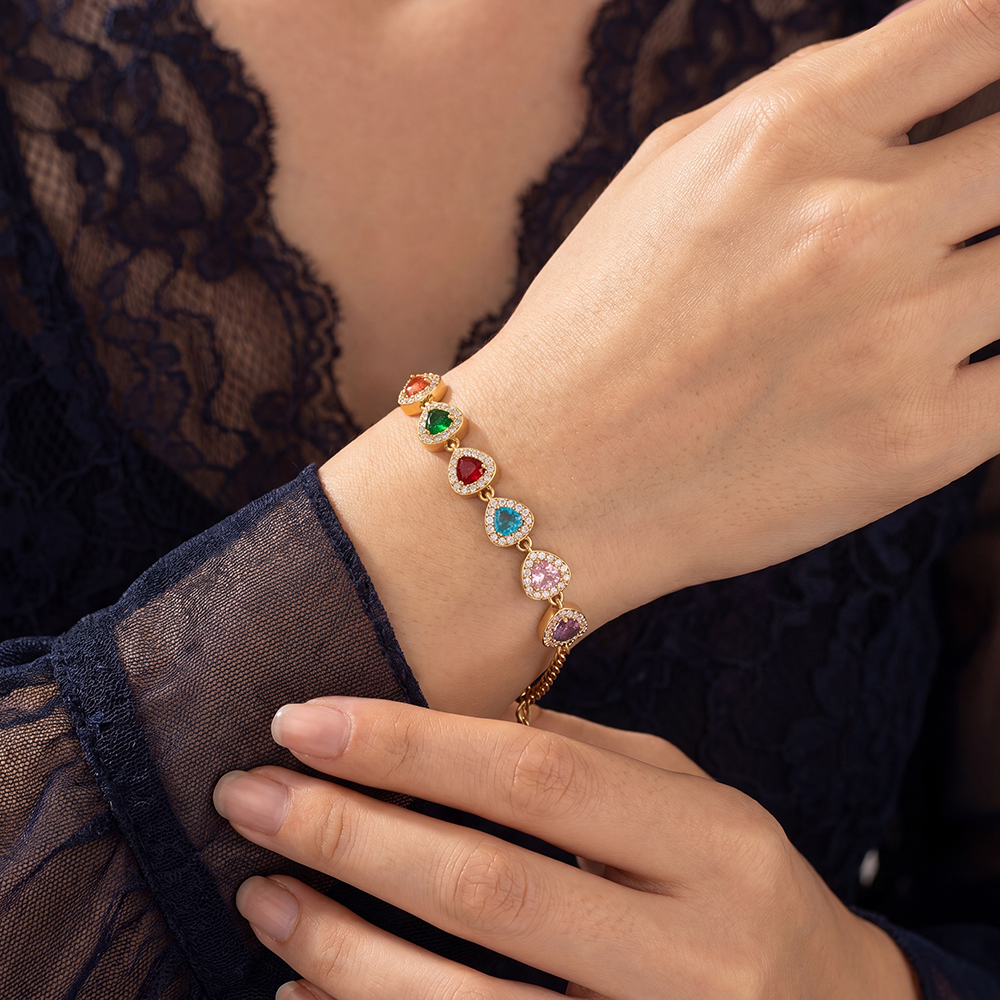 Stainless steel bracelet, 17 cm, with colourful, sparkling cubic zirconia   