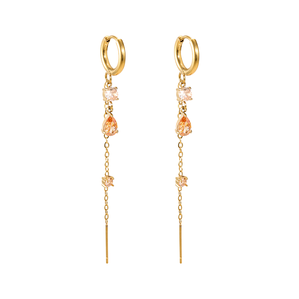 Stainless steel earrings, 68 × 12 mm, brown cubic zirconia with chain