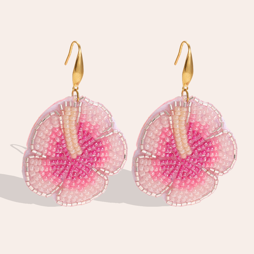 Stainless steel earrings 65mm pink beads flowers