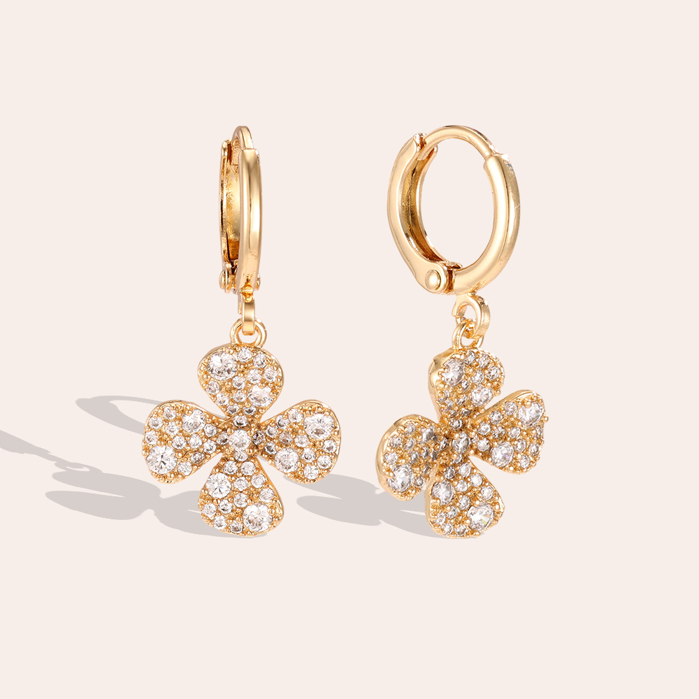 Gold-plated earrings, 28mm four-petalled zirconia flower  