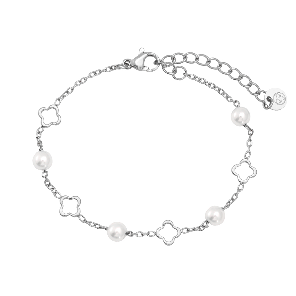 Stainless steel bracelet, 16 cm, with a shamrock and pearls