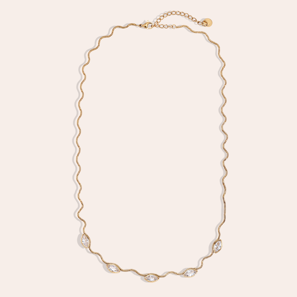 Stainless steel necklace, 42 cm, wave chain with eyelet and cubic zirconia