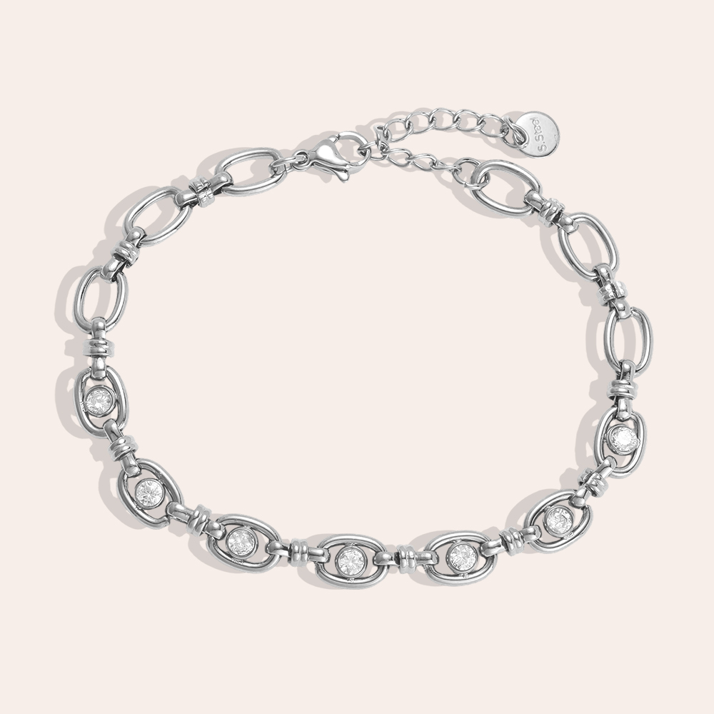Stainless steel bracelet, 17 cm, with an oval chain and cubic zirconia