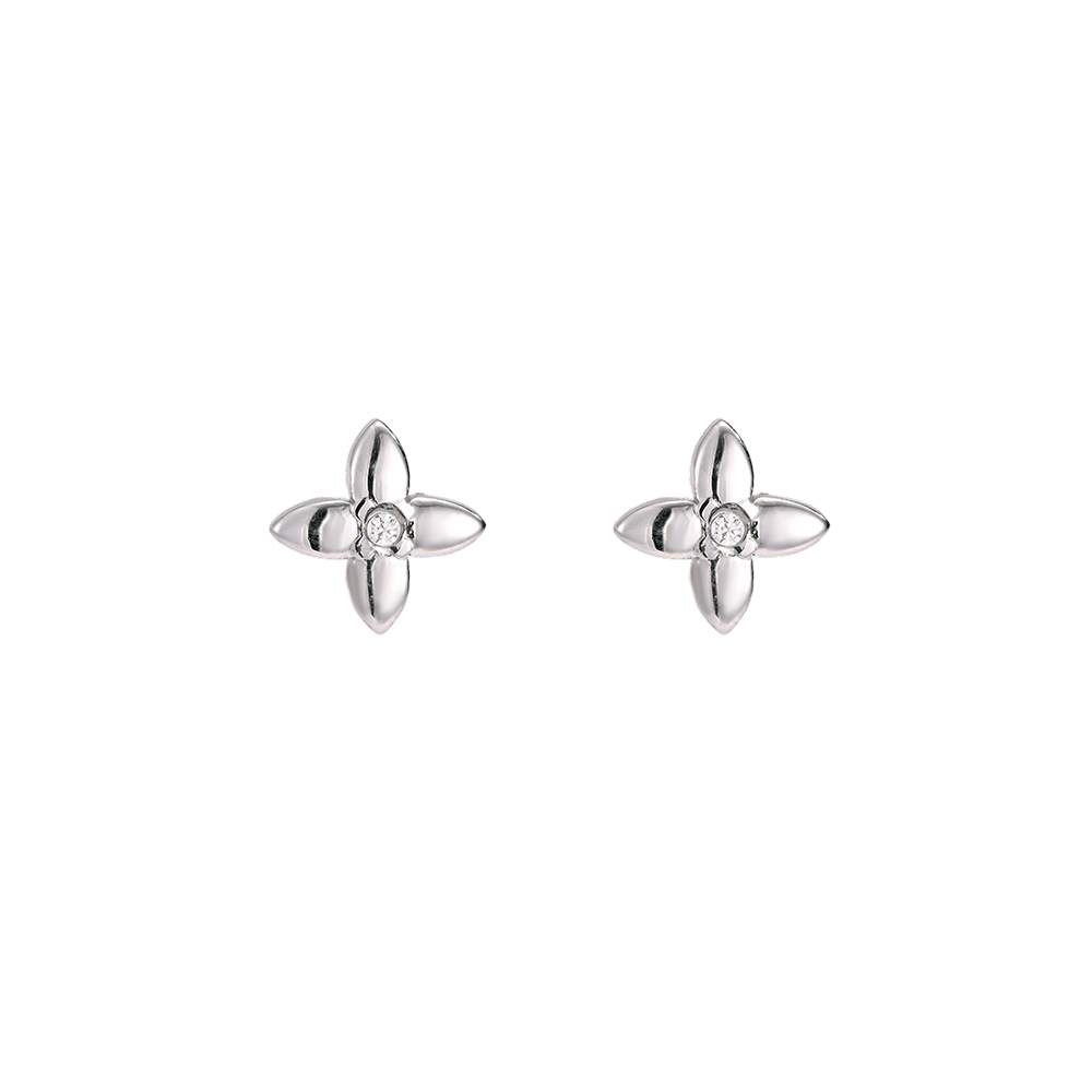 Stainless steel earrings, 5.6 mm, cubic zirconia, four-leaf clover
