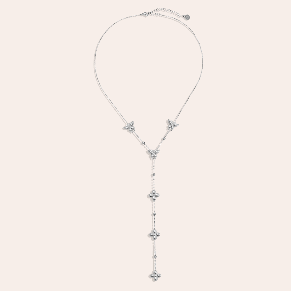 Stainless steel necklace 41cm Y-chain with butterfly and flowers