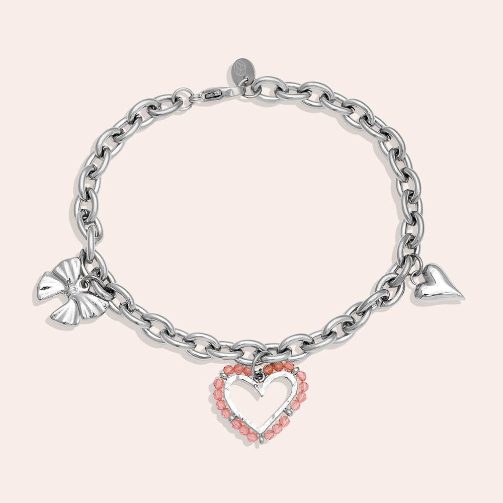 Stainless steel bracelet 17cm Pink Heart And Charms