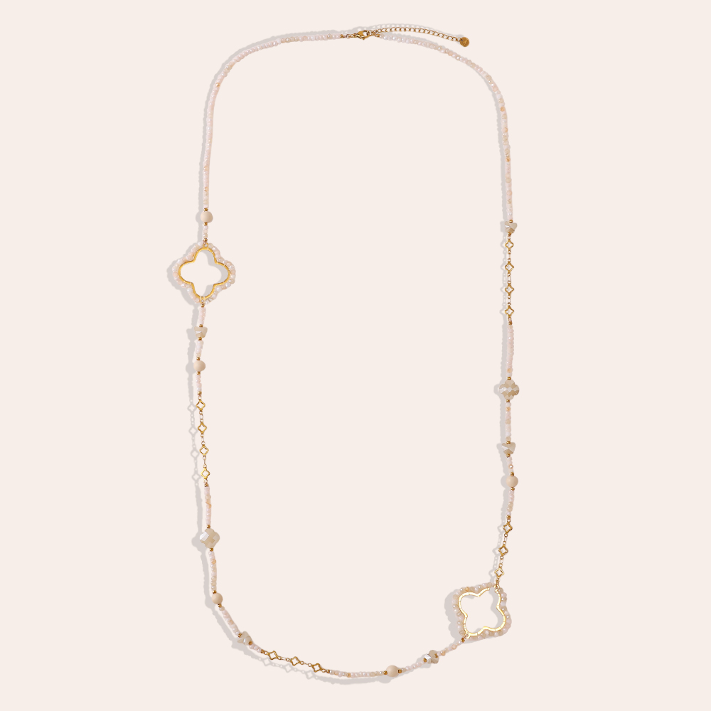 Stainless steel necklace 96cm cloverleaf and crystals