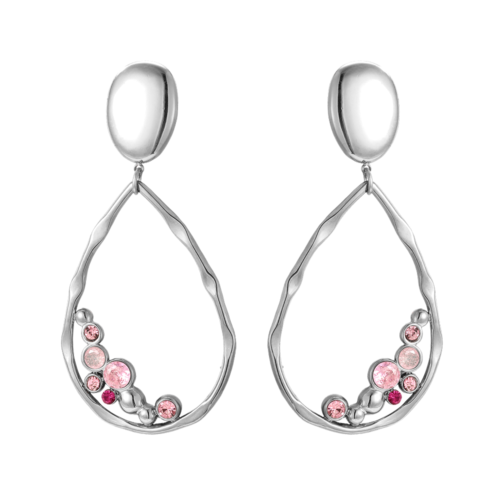 Stainless steel earrings, 65 × 30 mm, loop design, cubic zirconia