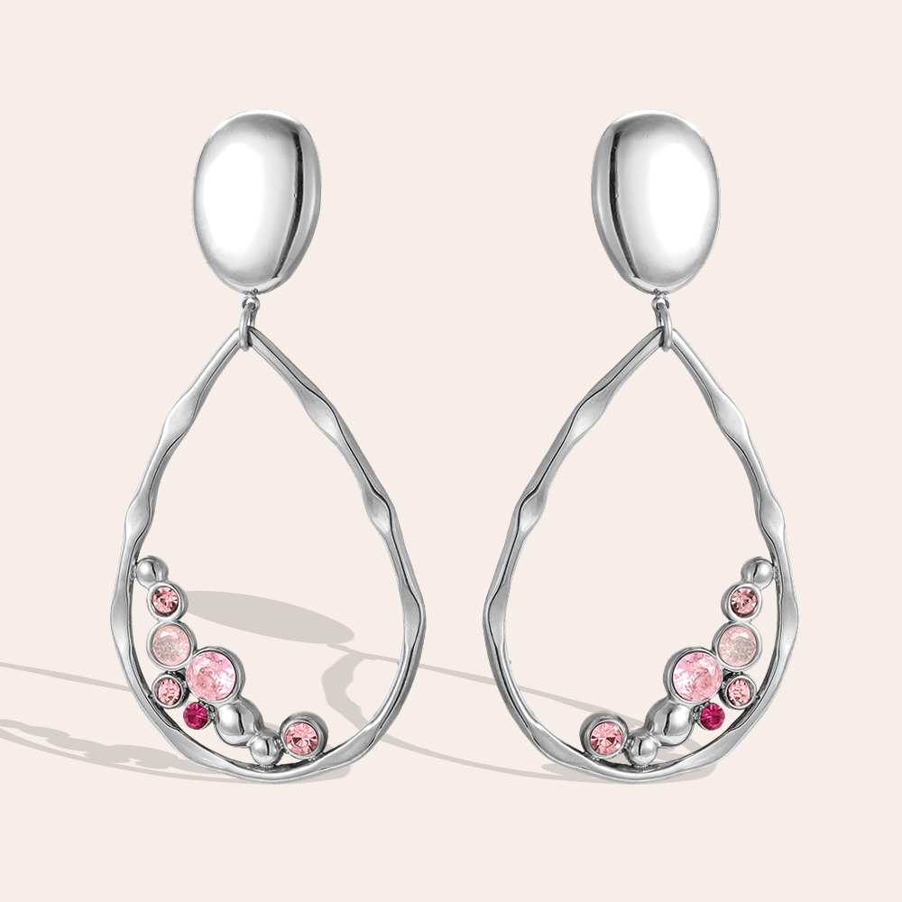 Stainless steel earrings, 65 × 30 mm, loop design, cubic zirconia