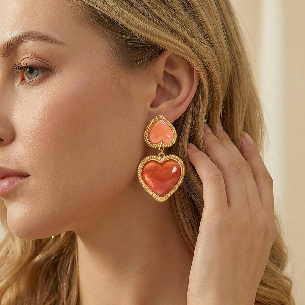 Stainless steel earrings 60mm acrylic vintage double heart