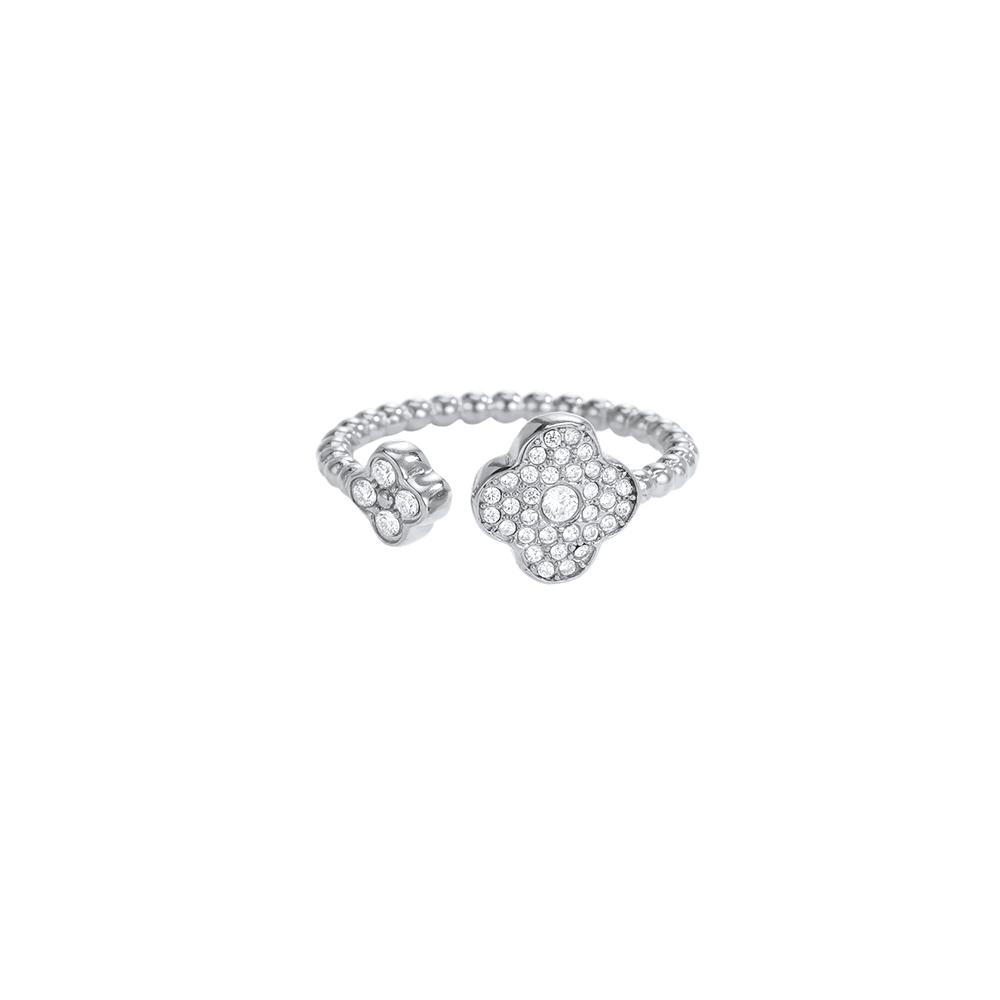 Stainless steel ring – adjustable, sparkling shamrock-shaped cubic zirconia 