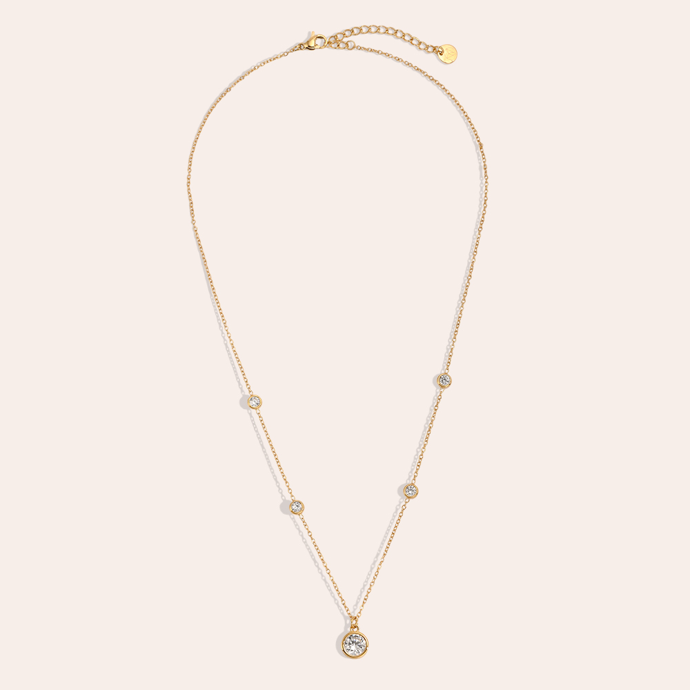 Stainless steel necklace, 40 cm, round cubic zirconia