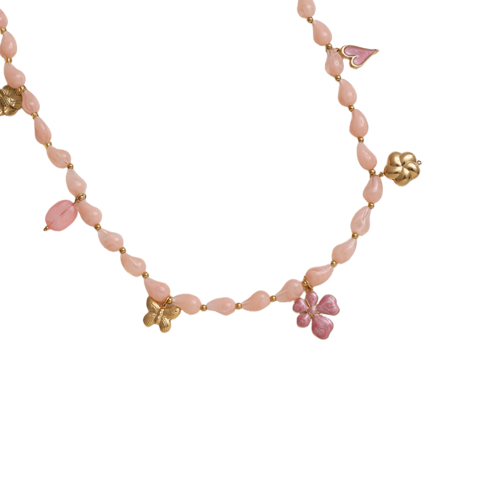 Stainless steel necklace 89cm necklace with resin drops and golden butterfly, flower, heart