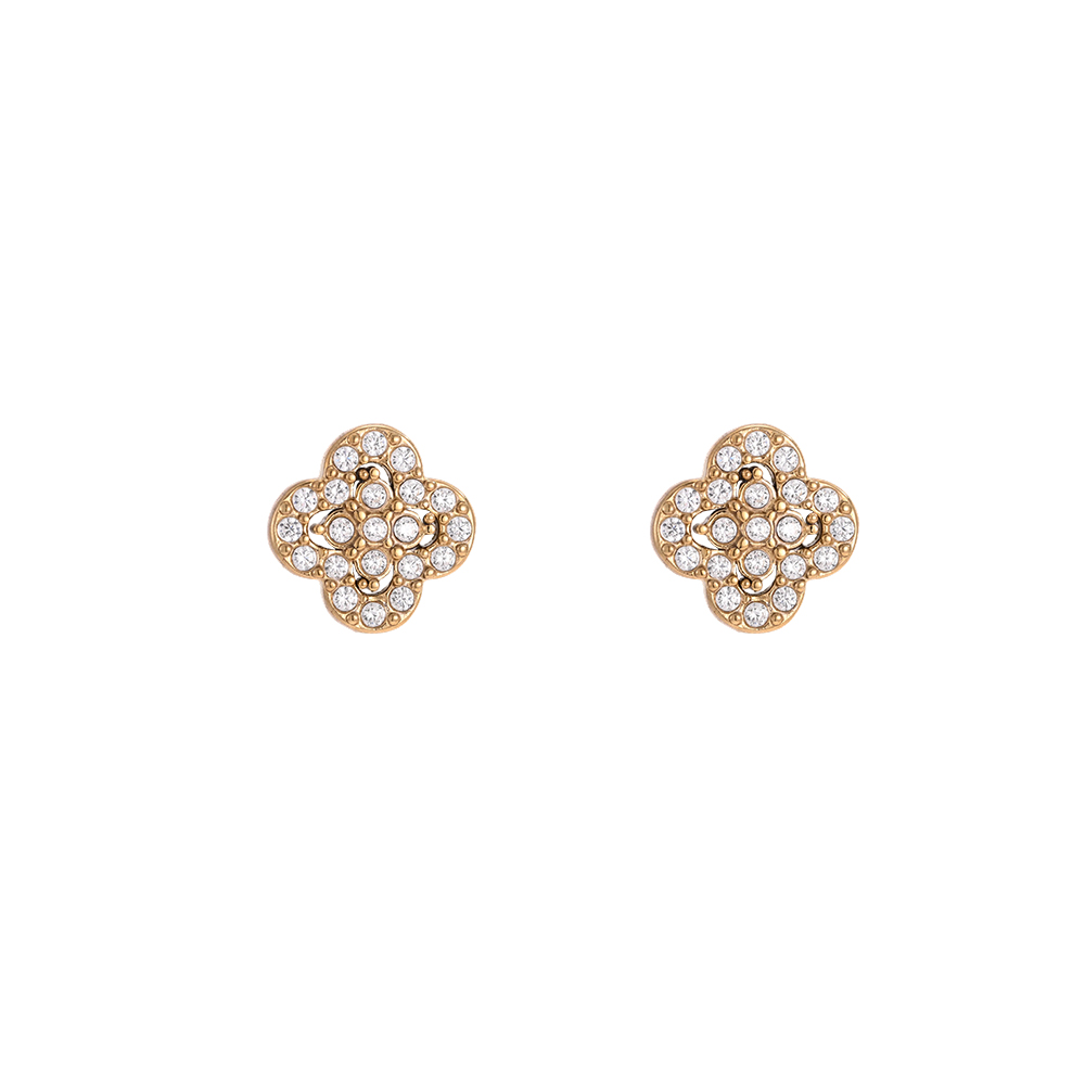 Stainless steel earrings, 8mm cubic zirconia, four-leaf clover design 